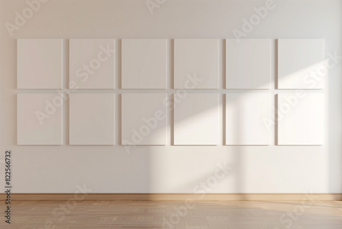 Wide format gallery wall with square blank posters arranged in descending size. photo