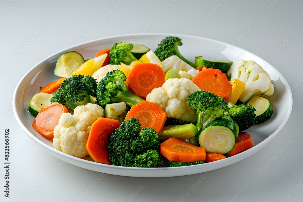 Steamed vegetables: cauliflower, broccoli and carrots on a white plate and white background. Vegan food. Healthy eating concept. Steamed vegetables: cauliflower, broccoli and carrots on a white plate and white background. Vegan food. Healthy eating concept.