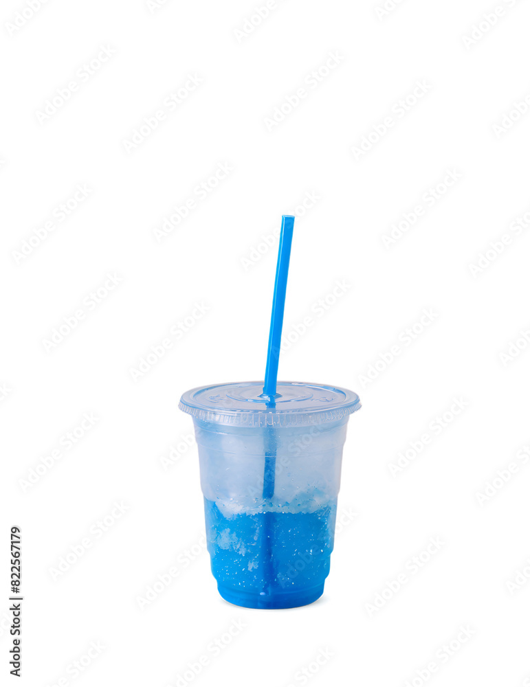 blue slushie in a disposable glass with lid and straw isolated on white, refreshing summer drink blue slushie in a disposable glass with lid and straw isolated on white, refreshing summer drink
