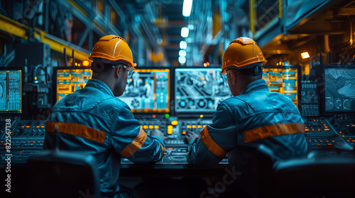 Two male engineers in uniform and safety helmets working at a control panel with digital screens displaying machinery settings in a high-tech factory interior with a cool blue color scheme