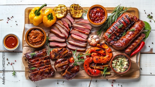 High angle view of a delicious grilled meal - appetizing barbecued meats and vegetables arranged on a white wooden picnic table. photo