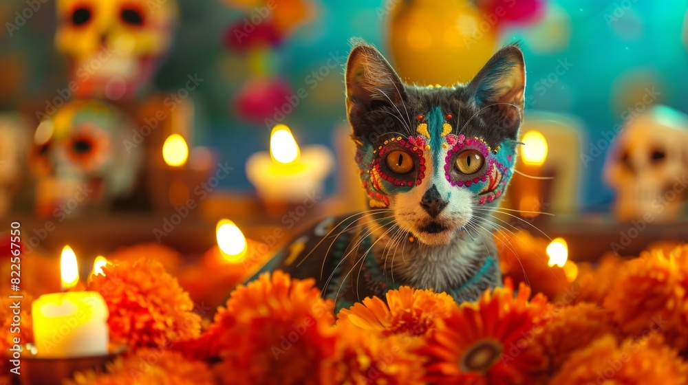 Cat with decorative face paint among orange marigolds. Feline adorned for festive celebration Day of the Dead. Concept of animal decoration, cultural events, festive design