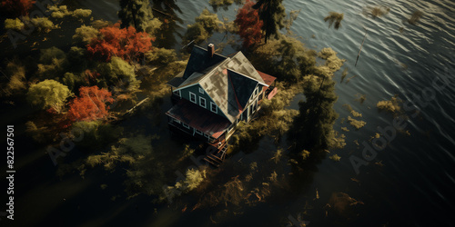 Lake side cabin water and forest autumn foliage drone footage from above. 