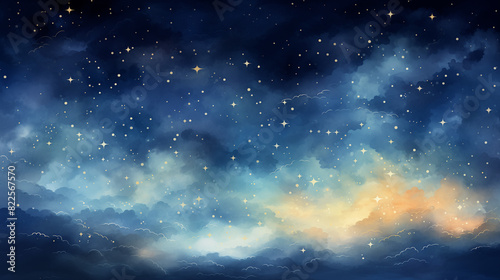 Watercolor illustration of a Night cloudy sky with stars, background image 16:9