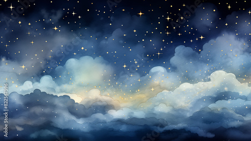 Blue night starry sky with white grey fluffy clouds watercolor illustration background image. 16 9