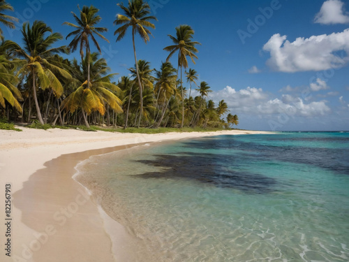 Idyllic Punta Cana beachscape with palm trees dotting the sandy shoreline against the ocean backdrop.