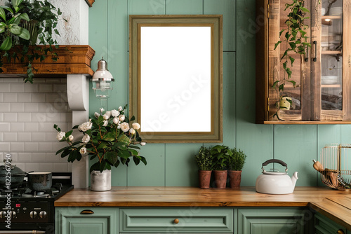 Classic wooden decor: narrow landscape wooden blank frame mockups in a leaf green kitchen, broadened format. photo