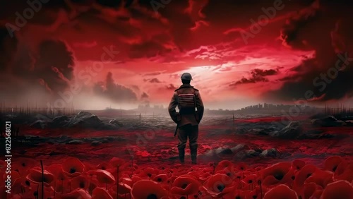 Soldier stands in a poppy field at sunset, reflecting on the battlefields of war, remembrance, and sacrifice. The vivid red sky and flowers symbolize bloodshed and hope