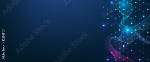 Modern health care or medical background design. Health care innovation concept. Horizontal header web banner. Abstract geometric background with hexagon shapes for medicine, science, chemistry.