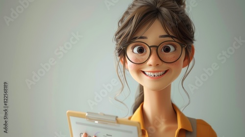 Detailed 3D businesswoman laughing while showing a customer satisfaction chart, white gradient background, cartoon minimalism, studio lighting, open space