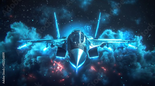 Fighter jet flying through glowing clouds. Aircraft soaring in illuminated sky. Concept of aviation, technology, military, futuristic design
