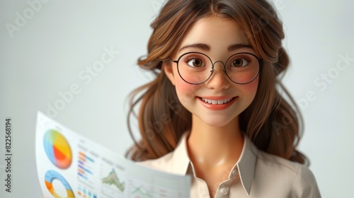 Detailed 3D businesswoman laughing while showing a customer satisfaction chart, white gradient background, cartoon minimalism, studio lighting, open space