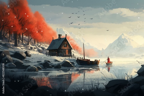 Illustration of a cozy cabin by a tranquil lake with a person rowing, surrounded by winter scenery