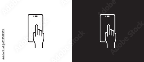 Simple Finger tap smartphone gesture icon, Outline style hand tuching and scrolling smartphone icons, Tapping the screen icon vector in black and white background. Editable stroke, Eps10. 