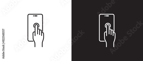 Tapping smartphone gesture icon, Outline style finger tuching and scrolling smartphone icons, Tapping the screen icon vector in black and white background. Editable stroke, Eps10. 