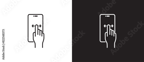 Finger gesture icon swiping sideways on smart phone, finger tuching and scrolling phone icon outline style, Tapping screen icon vector in black and white background. Editable strokes, Eps10.