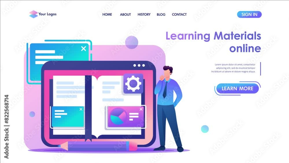 Young man studies the materials of the lessons in electronic form. Flat 2D character. Landing page concepts and web design Young man studies the materials of the lessons in electronic form. Flat 2D character. Landing page concepts and web design