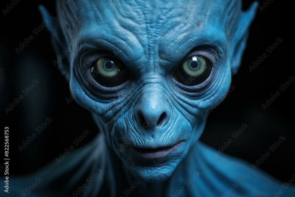 Close-up of an extraterrestrial face with captivating green eyes and blue skin