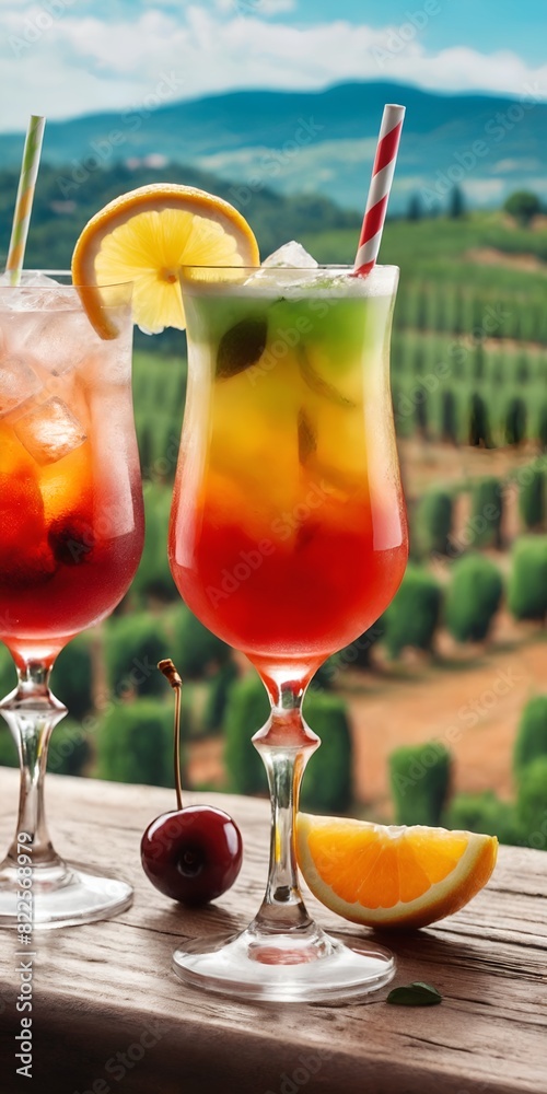 Alkohol cocktails in glasses against italian landscape Alkohol cocktails in glasses against italian landscape