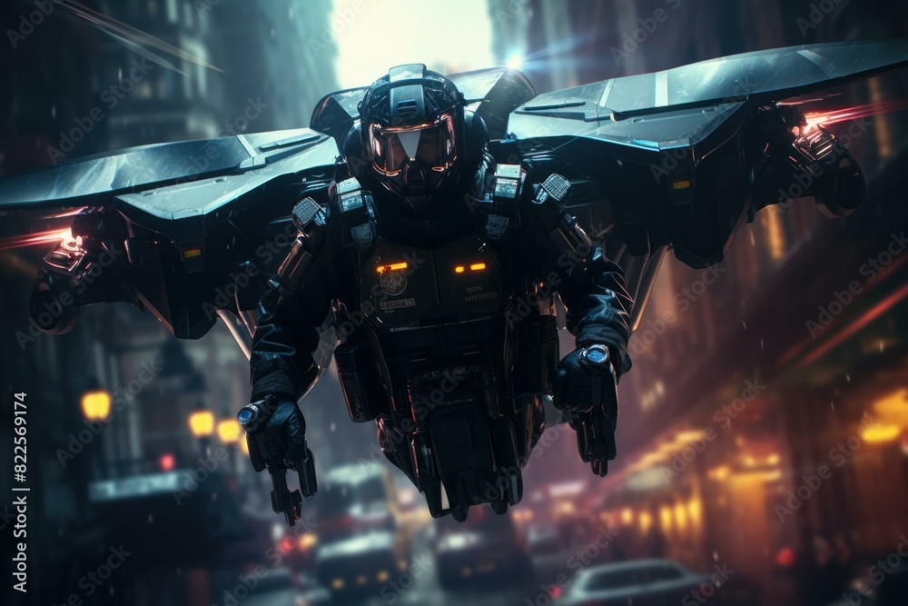 Concept art of an armored soldier with a jetpack flying through a dystopian cityscape Concept art of an armored soldier with a jetpack flying through a dystopian cityscape