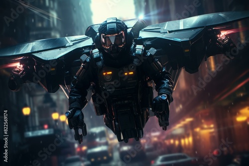 Concept art of an armored soldier with a jetpack flying through a dystopian cityscape photo
