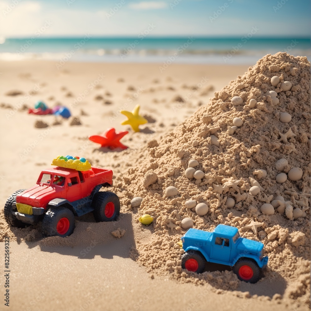 Heap sand with plastic toys at the beach, Summer seaside vacation concept Heap sand with plastic toys at the beach, Summer seaside vacation concept