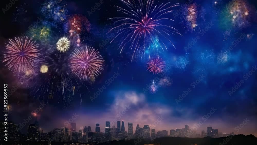 A breathtaking fireworks display illuminates the night sky over a cityscape, celebrating New Year's Eve with vibrant colors and dazzling patterns, symbolizing joy, festivity, and new beginnings. A breathtaking fireworks display illuminates the night sky over a cityscape, celebrating New Year's Eve with vibrant colors and dazzling patterns, symbolizing joy, festivity, and new beginnings.