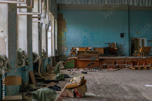 An auditorium at a music school destroyed during hostilities.