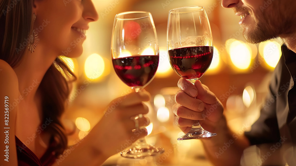 Hands of couple toasting their wine glasses over a restaurant table during a romantic dinner Hands of couple toasting their wine glasses over a restaurant table during a romantic dinner