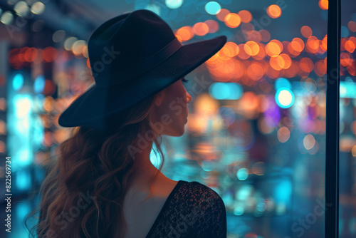 rearview on Caucasian woman in stylish hat at city night with neon lights on background