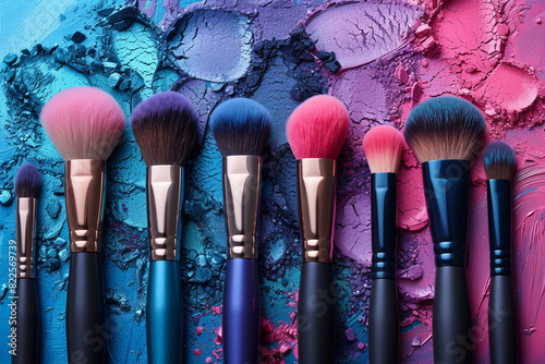 above view on makeup brushes and blue and pink shadows on background