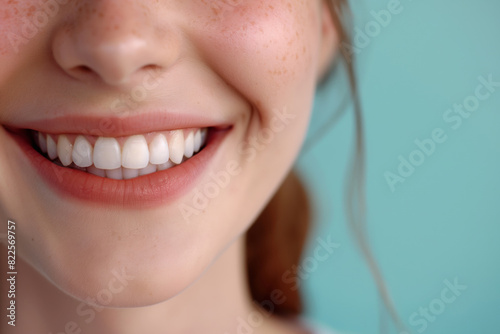 Close-up of a young woman's radiant smile, showcasing her perfect white teeth, freckled cheeks, and the corner of her joyful eyes against a soft blue background