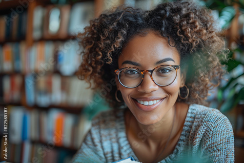 portrait of attractive smiling African-American woman in library,