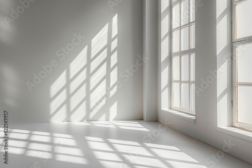 A room with two windows and a white wall. The room is empty and has a lot of natural light coming in from the windows