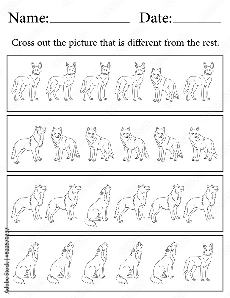 Wolf Puzzle. Printable Activity Page for Kids. Educational Resources for School for Kids. Kids Activity Worksheet. Find the Different Object Wolf Puzzle. Printable Activity Page for Kids. Educational Resources for School for Kids. Kids Activity Worksheet. Find the Different Object