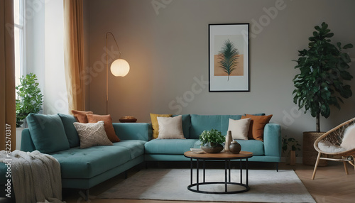 Modern living room featuring a teal couch, decorative cushions, greenery, chic furnishings, and a cozy, welcoming atmosphere © samsul