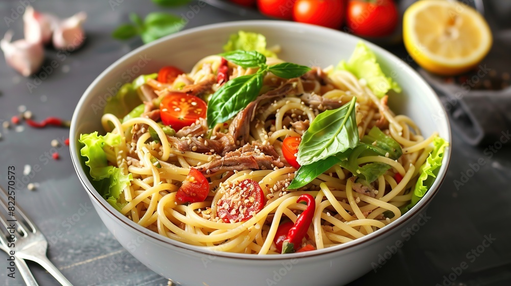 Stir fry the spaghetti put the pork in a bowl with pepper seeds, chilies, garlic. Generative Ai Stir fry the spaghetti put the pork in a bowl with pepper seeds, chilies, garlic. Generative Ai