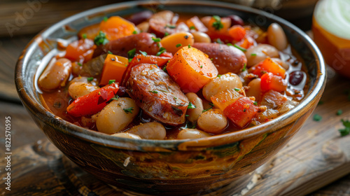 Traditional czech bean stew with sausage, vegetables, and herbs served in a rustic bowl, bathed in natural light