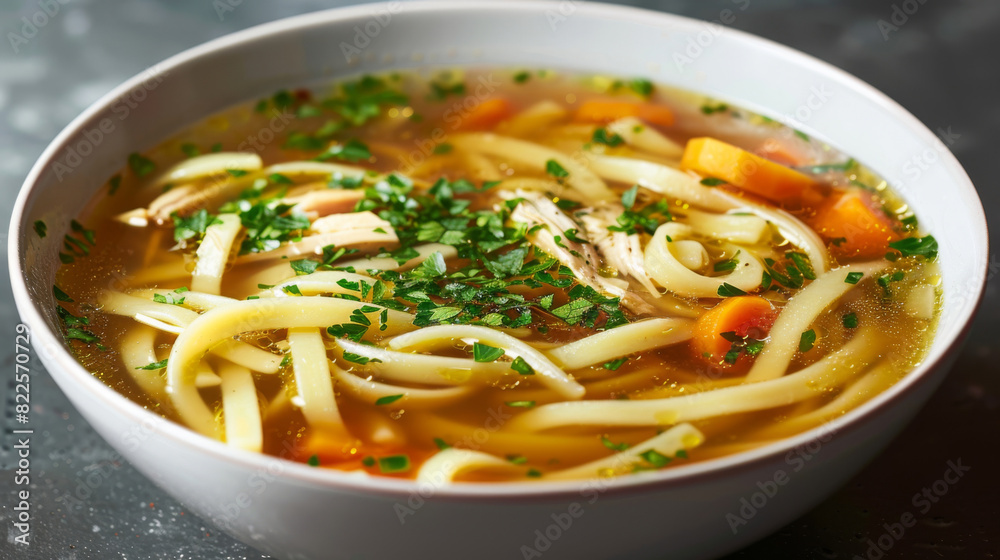 Homemade czech chicken soup with noodles, carrots, and herbs, representing comforting home-cooked meals Homemade czech chicken soup with noodles, carrots, and herbs, representing comforting home-cooked meals