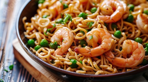 stir fried yakisoba noodles with green peas and shrimps. Generative Ai photo