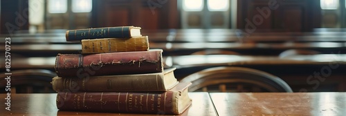Stack of law books, Focus on a stack of worn law books on a table in the empty courtroom, emphasizing the enduring power of the law photo