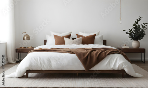 Cozy bedroom interior displaying a comfortable bed with white linen and brown accent pillows  accompanied by modern bedside accessories and greenery