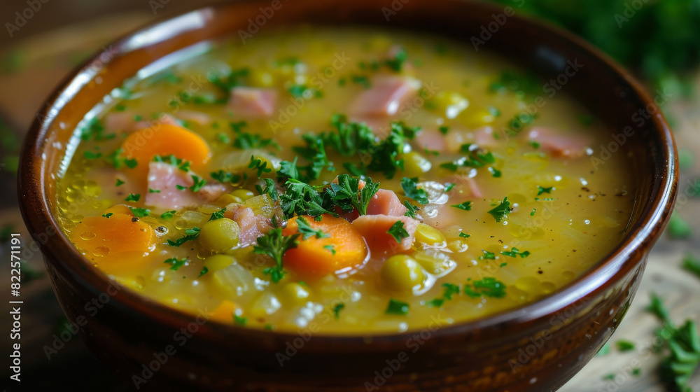 Traditional czech pea soup with smoked ham and carrots, garnished with fresh parsley in a rustic bowl on a wooden table Traditional czech pea soup with smoked ham and carrots, garnished with fresh parsley in a rustic bowl on a wooden table
