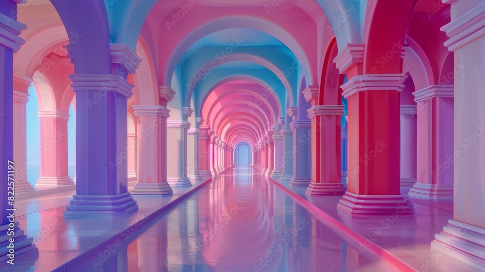  A long hallway featuring columns reflecting pink, blue, and purple hues on their painted surfaces, mirrored by the floor's image beneath