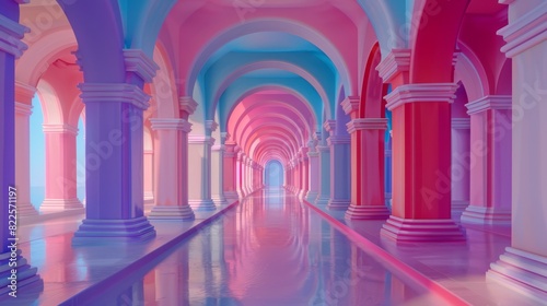  A long hallway featuring columns reflecting pink, blue, and purple hues on their painted surfaces, mirrored by the floor's image beneath