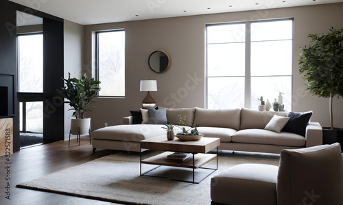 Elegant and contemporary living room featuring neutral tones, large windows, stylish furniture, and minimalist decor for a cozy, sophisticated space