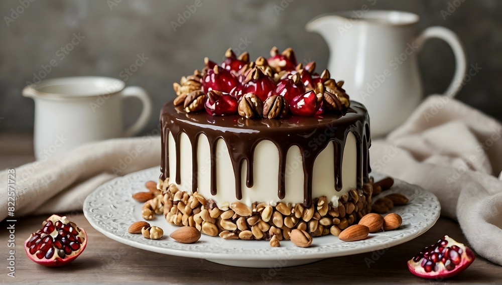 Cake with white cream, chocolate drips, pomegranate, nuts and chocolate decor Cake with white cream, chocolate drips, pomegranate, nuts and chocolate decor