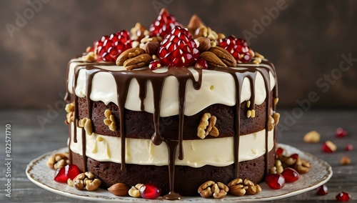 Cake with white cream, chocolate drips, pomegranate, nuts and chocolate decor © Gaming