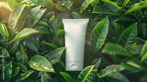 An ultra-detailed realistic photography of a white mock-up skincare tube among on a pile of young green tea buds with dew drops under warm light photo