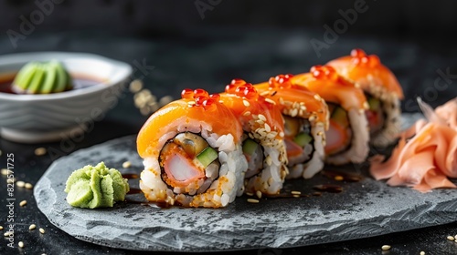 Sushi roll with ginger wasabi and soy sauce on a stone plate over black background. Generative Ai